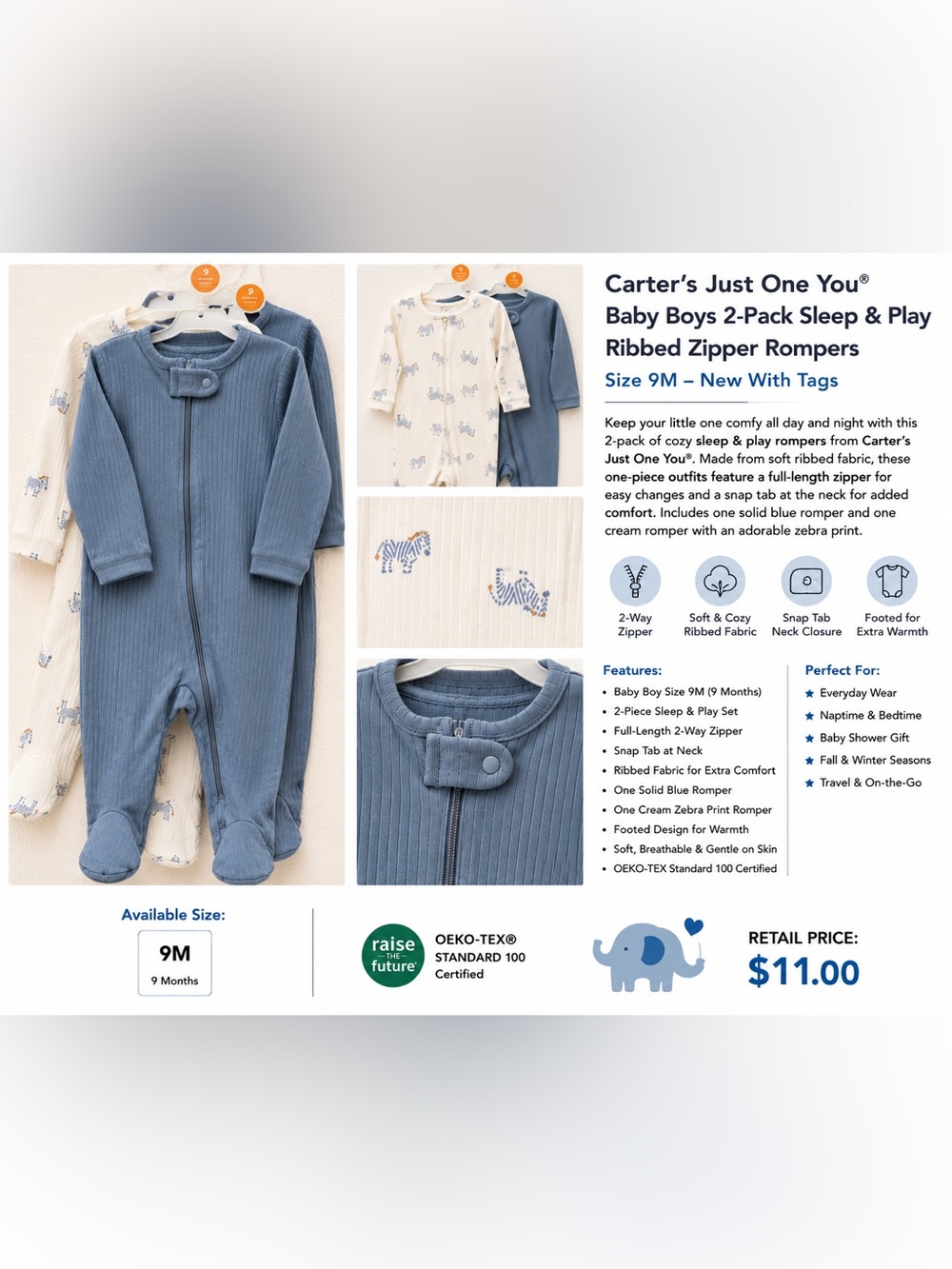 Carter's Blue & Cream Ribbed Zipper One-Piece 2-Pack